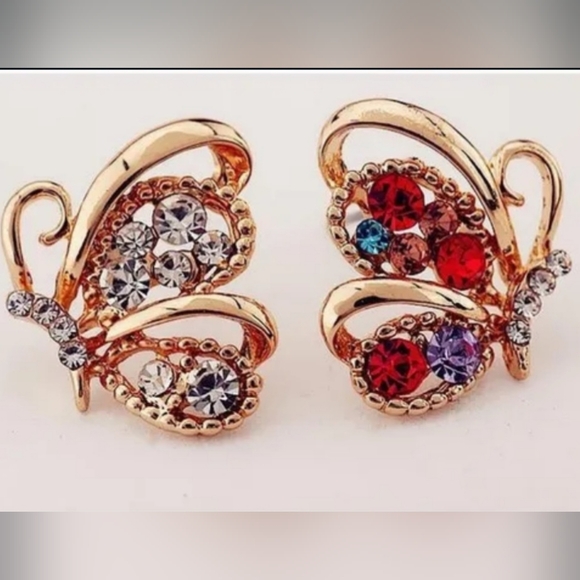 Gold Butterfly Earrings Colorful Gemstones - Picture 3 of 5